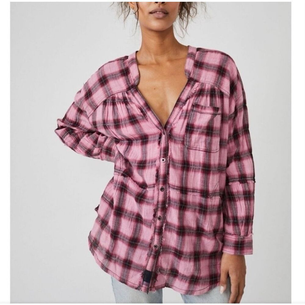 Free People We The Free One Of The Boys Plaid Tunic Shirt Dusty Pink Combo Size